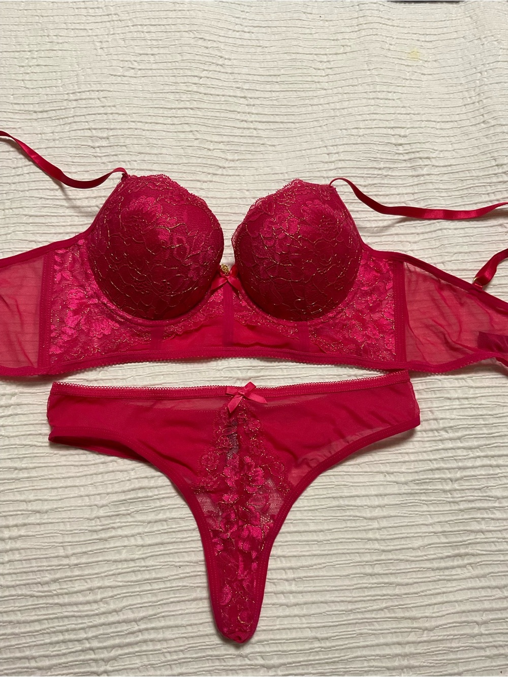 Lace Push-Up Bra and Thong Set in Fuchsia